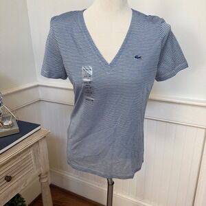 NWT Lacoste Womens Blue White Striped V-Neck T-Shirt Cotton Rayon Size 6 38
